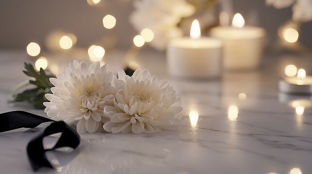 Black ribbons, white candles and roses are used to honor the dead，generated with AI.