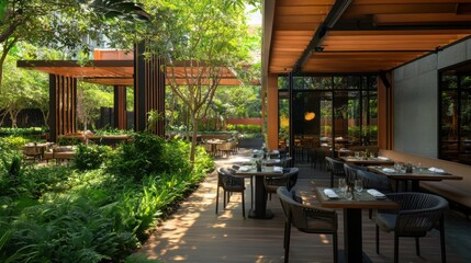Contemporary hotel dining area with outdoor seating