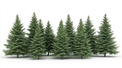 Group of green fir trees with pointed needles, evoking forest wilderness, isolated on white background