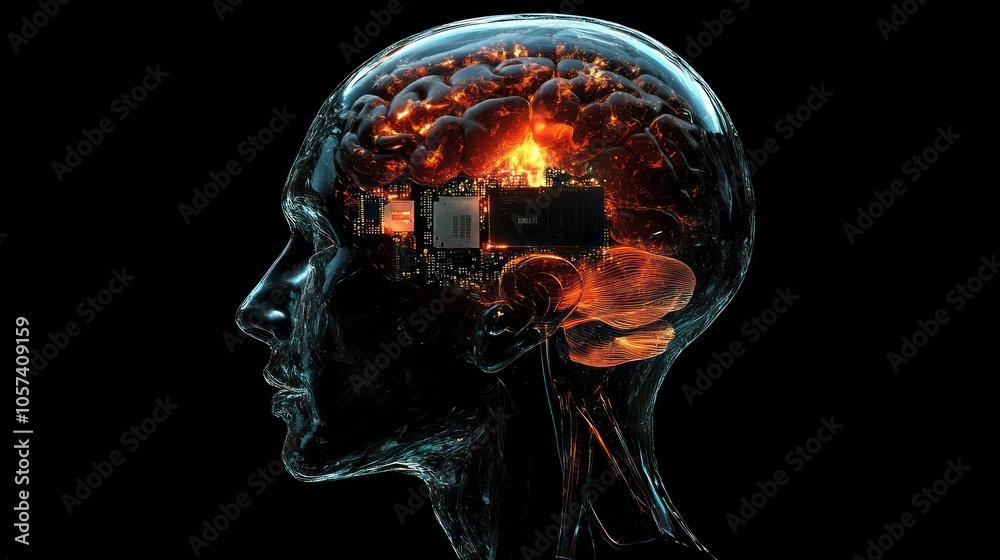 Poster a translucent head showcasing a brain and electronic components, symbolizing technology and thought.
