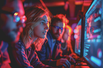 Obraz premium A group of developers men and women working together to program an e-commerce website.