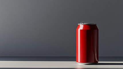 3d Mokup of soda or beer can on surface isolated on grey background. A red soda can stands on a gray background.