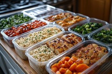 A variety of meal prep containers filled with healthy foods like chicken, rice, and vegetables.