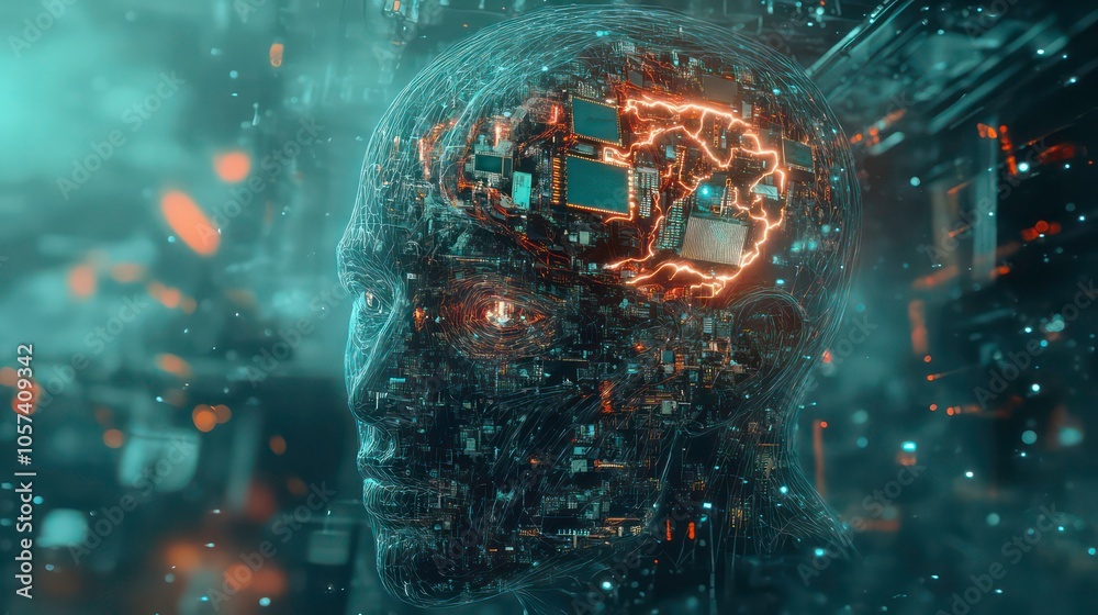 Poster A futuristic depiction of a humanoid head with a complex neural network and circuitry.