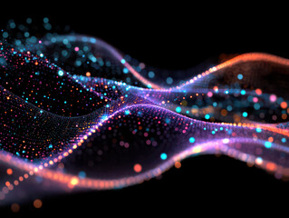 Dynamic waves of colorful particles creating an abstract digital landscape on a black background.