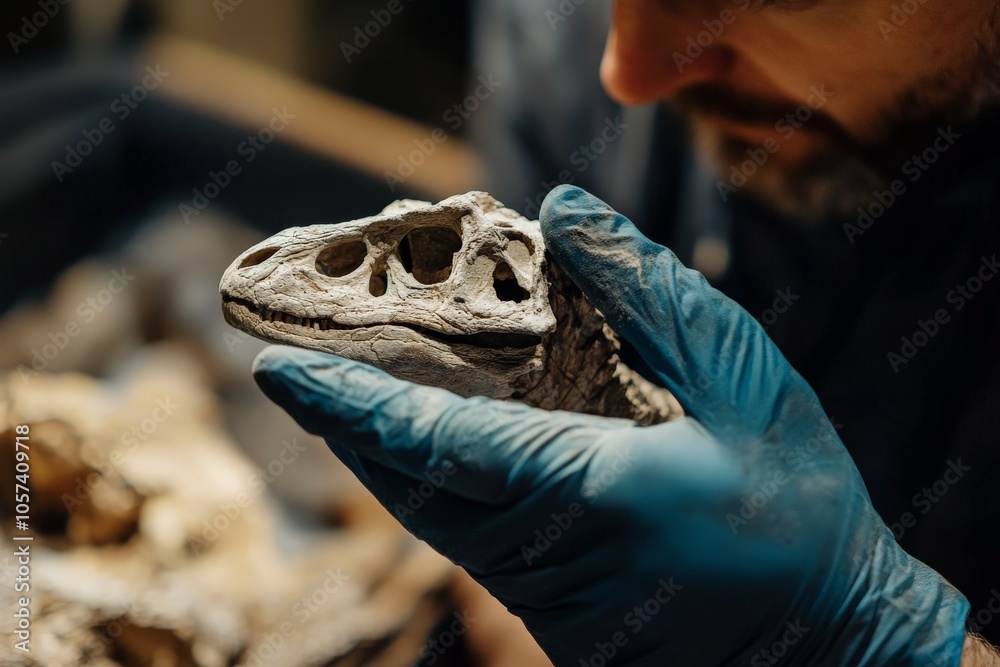 Poster a scientist carefully examines a prehistoric skull fossil, holding it gently in blue gloves, showcas