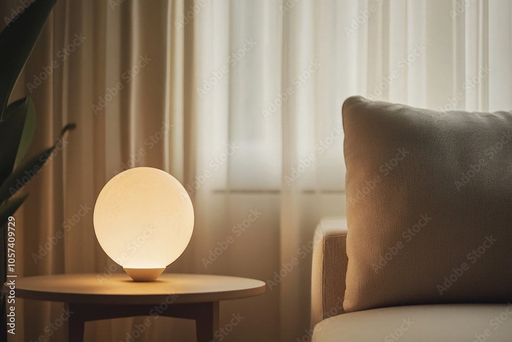 Fototapete a glowing sphere lamp rests on a sleek round side table with soft drapery in the backdrop, offering 