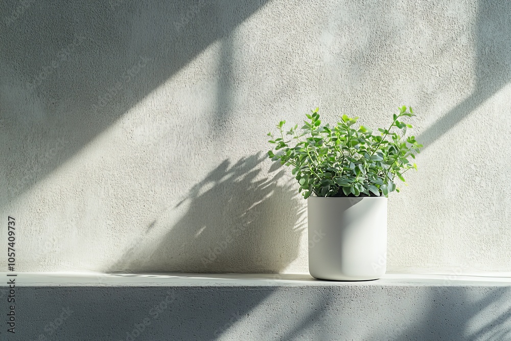 Poster A potted plant sits on a sunlit minimalist wall shelf casting a shadow, representing simple elegance and the artistic interplay of light and form.
