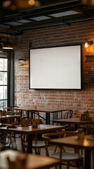 A large blank TV screen mounted on a wall in a coffee shop., cafe. Bright modern interior. A large plasma TV in a restaurant