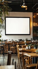 A large blank TV screen mounted on a wall in a coffee shop., cafe. Bright modern interior. A large plasma TV in a restaurant