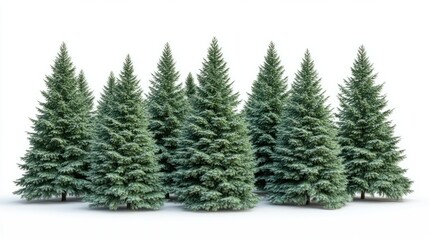 Group of tall coniferous trees with rich green needles, creating a woodland vibe, isolated on white background