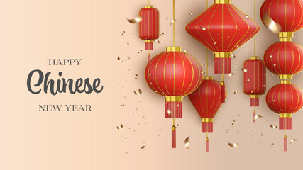 chinese new year banner with red and gold lanterns. chinsese new year greeting card with 3d realistic lanterns © Angelica