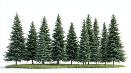Group of tall coniferous trees with rich green needles, creating a woodland vibe, isolated on white background
