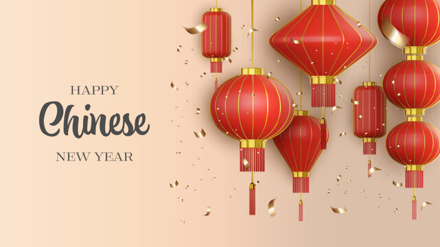 chinese new year banner with red and gold lanterns. chinsese new year greeting card with 3d realistic lanterns