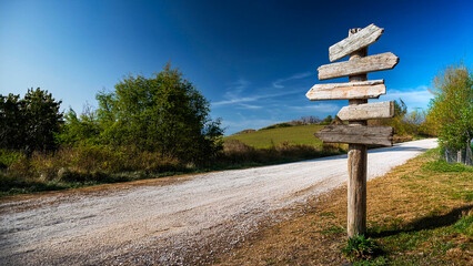 An old wooden road sign stands next to an old dirt road.
