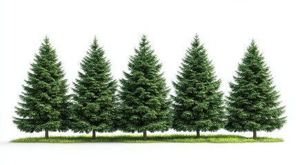 Obraz premium Group of tall fir trees with deep green foliage, representing a forested landscape, isolated on white background