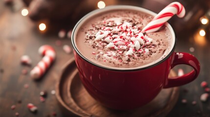 Cup of peppermint hot chocolate with a candy cane stirrer