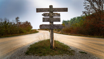 An old wooden road sign stands next to an old dirt road.