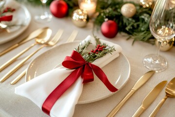 A beautifully arranged table setting featuring a white plate with a red ribbon and festive holiday greenery, accompanied by gold cutlery, ready for Christmas celebrations.