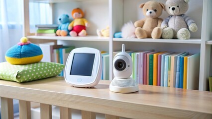A baby monitor on a nursery shelf, surrounded by toys and books, symbolizing technology and safety in baby care