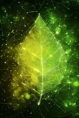 Glowing Green Leaf with Network Connections, Symbolizing Nature and Technology Integration.