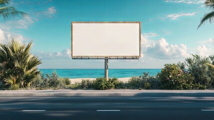 An outdoor billboard mockup with a summertime seaside backdrop road. A large billboard near the road with the ocean in the background