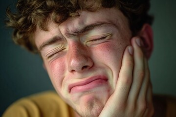 Obraz premium A young man vividly expresses deep pain, clutching his cheek with a distressed expression, evoking intense emotional suffering and vulnerability.