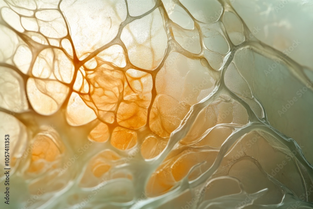 Poster This image showcases intricate organic patterns resembling cellular structures with warm amber hues, offering a mesmerizing abstract visual experience.