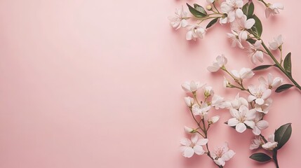 Obraz premium Banner with flowers on light pink background. Greeting card template for Wedding, mothers or womans day. Springtime composition with copy space. Flat lay style