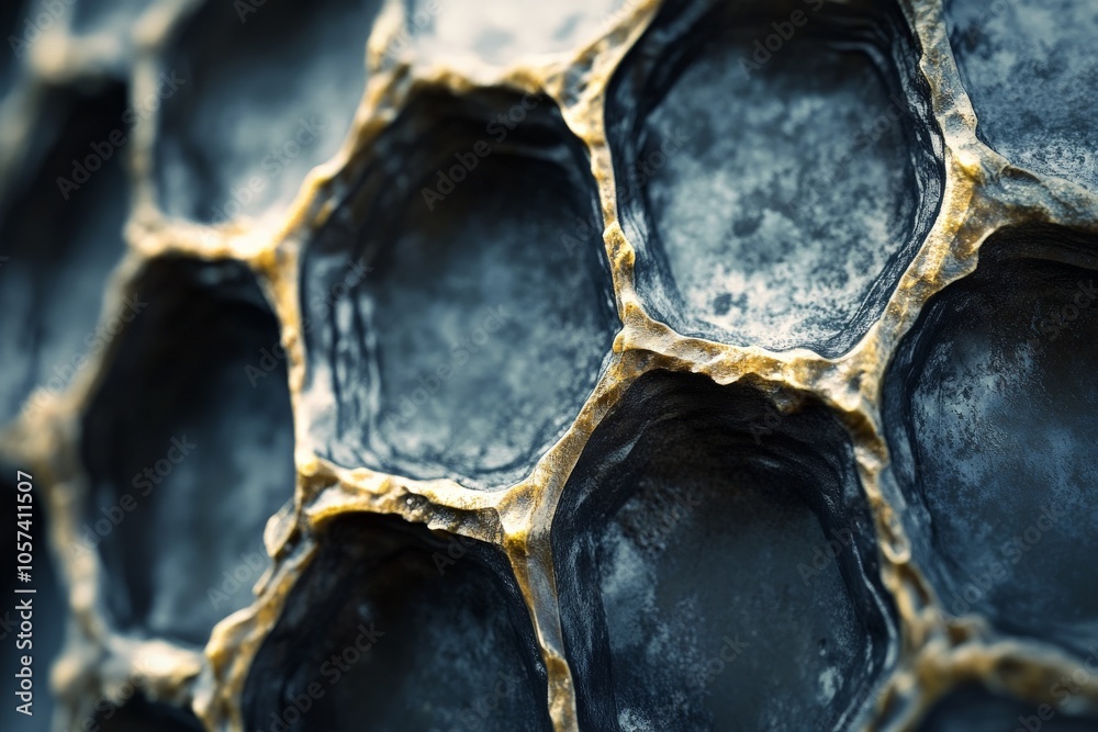 Poster Close-up view of a honeycomb pattern with golden and silver elements, presenting a detailed and artistic texture that evokes a sense of nature and craftsmanship.
