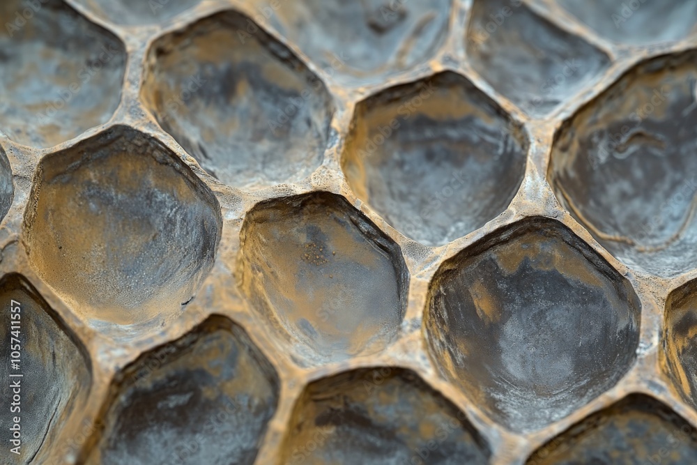Poster This image captures the precise, empty hexagonal cells of an intricate honeycomb pattern, highlighting the architectural elegance and natural geometry of bee structures.