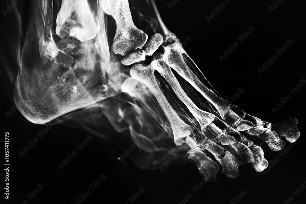 Aufkleber a detailed side view x-ray image of a human foot displaying all the bones prominently against a blac