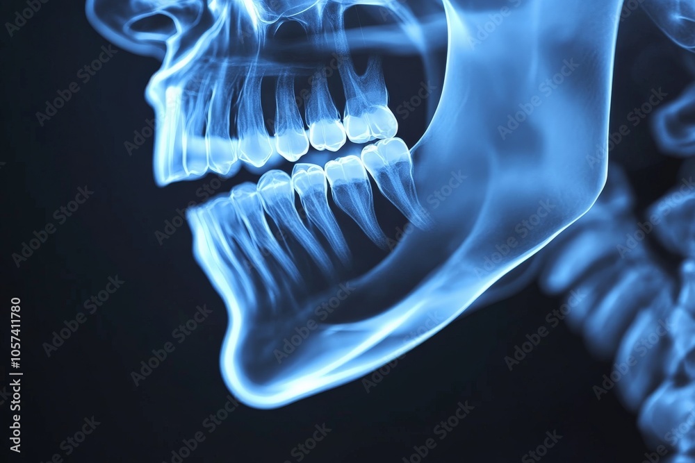 Poster this illuminated x-ray image beautifully captures the human skull and jawbone against a striking bac
