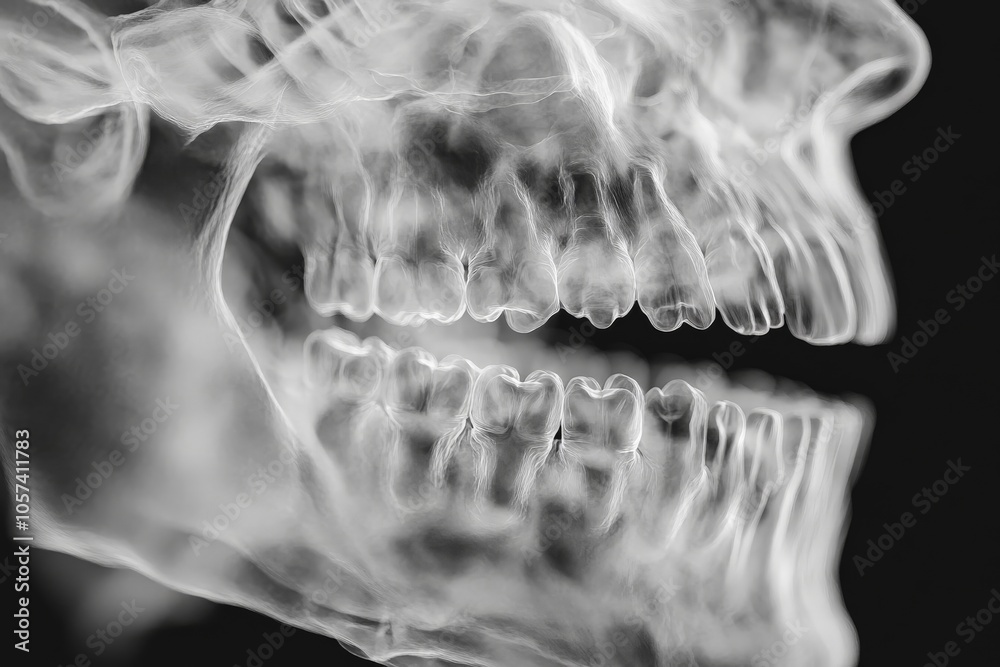 Poster an x-ray side profile image of a human skull highlighting the full dental structure with remarkable 