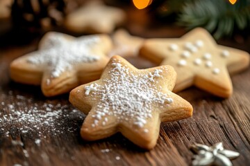 Featuring star-shaped cookies lightly dusted with powdered sugar, this image captures the essence of simple yet elegant holiday baking, perfect for festive gatherings.