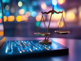 Symbolic scales of justice on a laptop keyboard with vibrant city lights in the background.