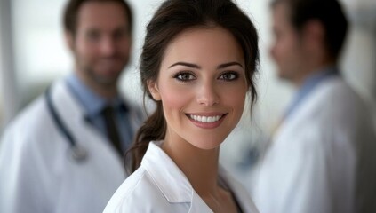 A portrait of an attractive female doctor smiling, with two male doctors in the background, all wearing white coats. She has dark hair tied back from her neck and brown eyes. The background is blurred