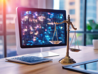A digital balance scale symbolizes justice beside a computer in a modern workspace, blending technology and law.