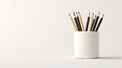 Blank mockup of a set of shard pencils standing upright in a pencil holder on a white background