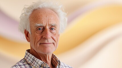 Captivating portrait of an elderly man with distinctive white hair against a soft abstract background