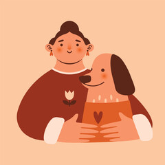 Naive illustration with dog and young woman owner, who hugging her puppy. Flat style. Female cartoon cheerful character and domestic pet. Modern isolated clip art.