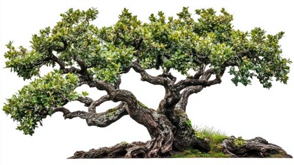Lush oak tree with thick branches and green leaves, representing forest stability, isolated on white background
