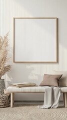 Blank Wooden Picture Frame Mockup On Wall In Modern Interior. Artwork Template Mock-Up For Artwork, Painting, Photo Or Poster In Interior Design
