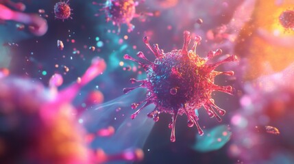 Flu virus particle replicating inside a cell, microscopic view