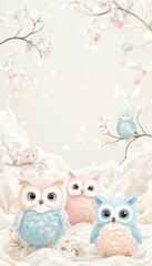 Cute Owls with Pastel Colors on Branch in Fantasy Setting