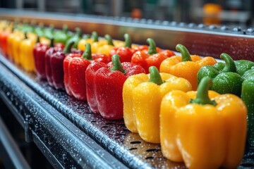 Freshly washed bell peppers in various colors on a conveyor belt ready for packaging. - Powered by Adobe