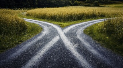 A serene forest scene featuring a forked path leading into the misty woods.