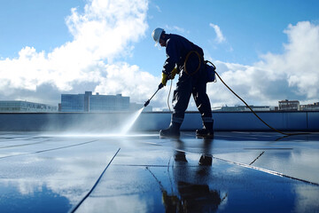 professional cleaner cleaning rooftop of modern building with high pressure machine over blue sky background