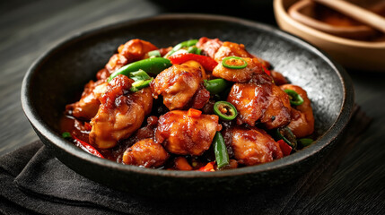 Fototapeta premium Close-up of a dark bowl filled with spicy stir-fried chicken pieces with green chili peppers and red sauce on a dark wooden table.