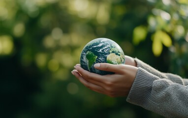 A person holds a small globe in their hands, symbolizing care for the Earth, surrounded by lush greenery.